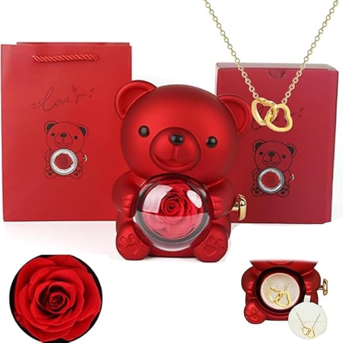 Rose Hug Teddy Bear with Necklace Jewelry