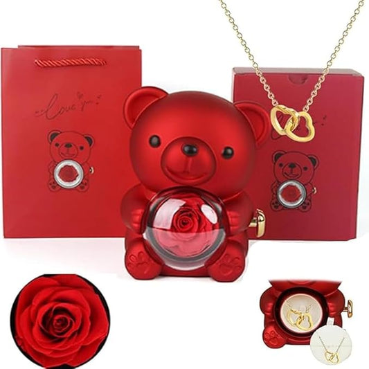 Rose Hug Teddy Bear with Necklace Jewelry